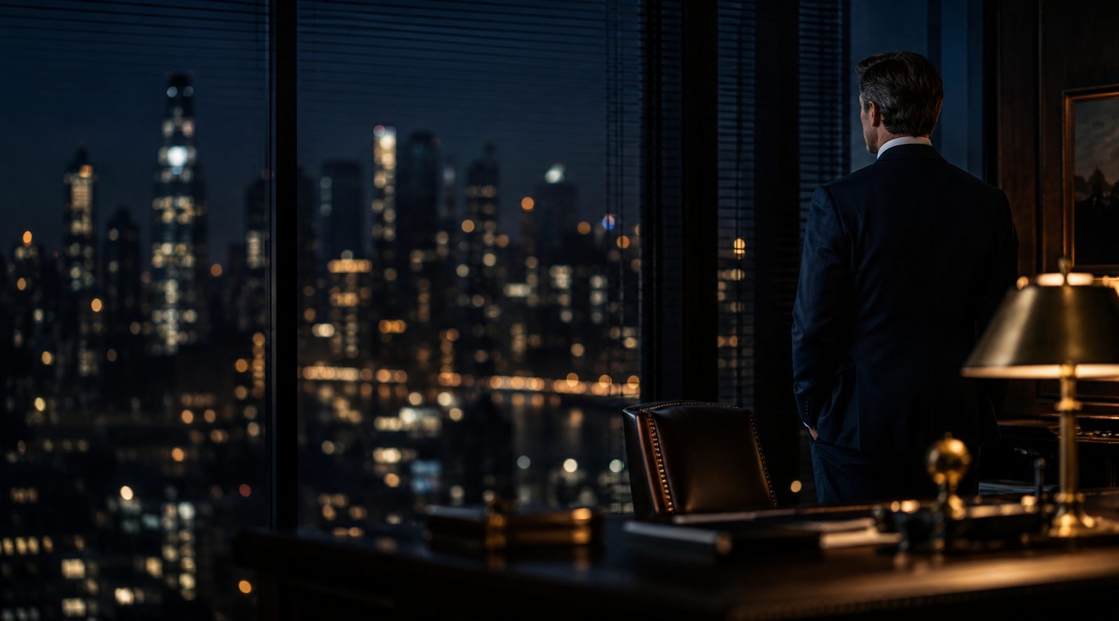 A man in a suit standing at a window, looking out over a city at night