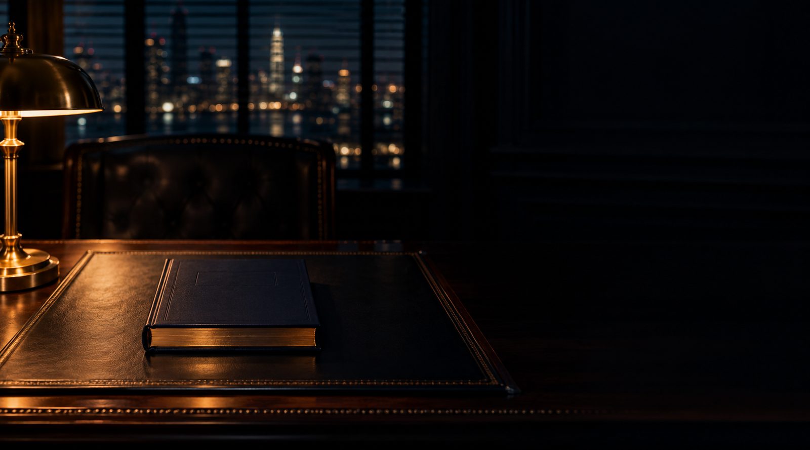 A closed book on a blotter, with the city lights to one side