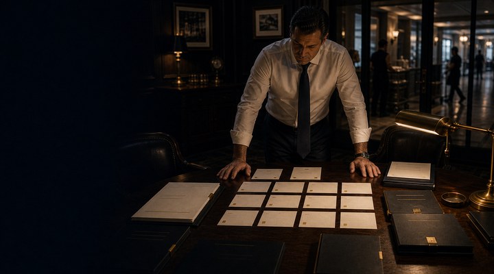 A man standing over a desk laid out with cards and leather folders