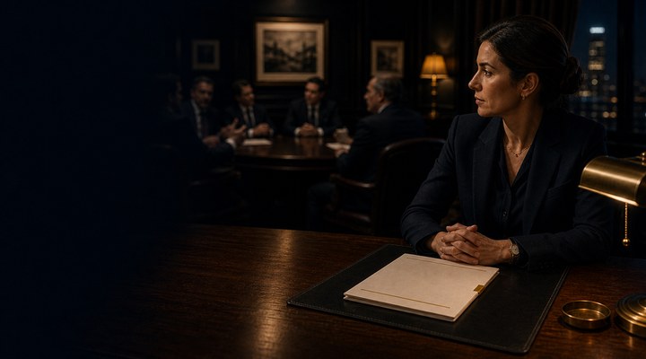 A woman at a desk with a closed folder, a meeting behind her