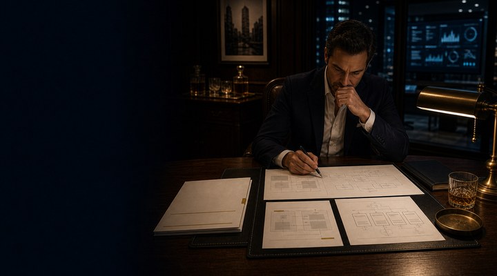 A man writing on large diagram sheets at a desk