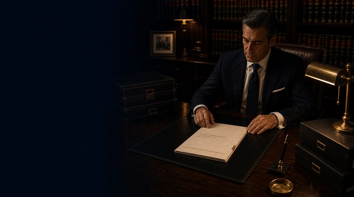 A man at a desk holding open a bound document, bookshelves behind him