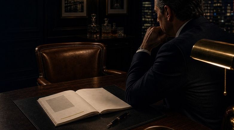 A man at a desk at night, an open book and a pen in front of him, the city beyond the window