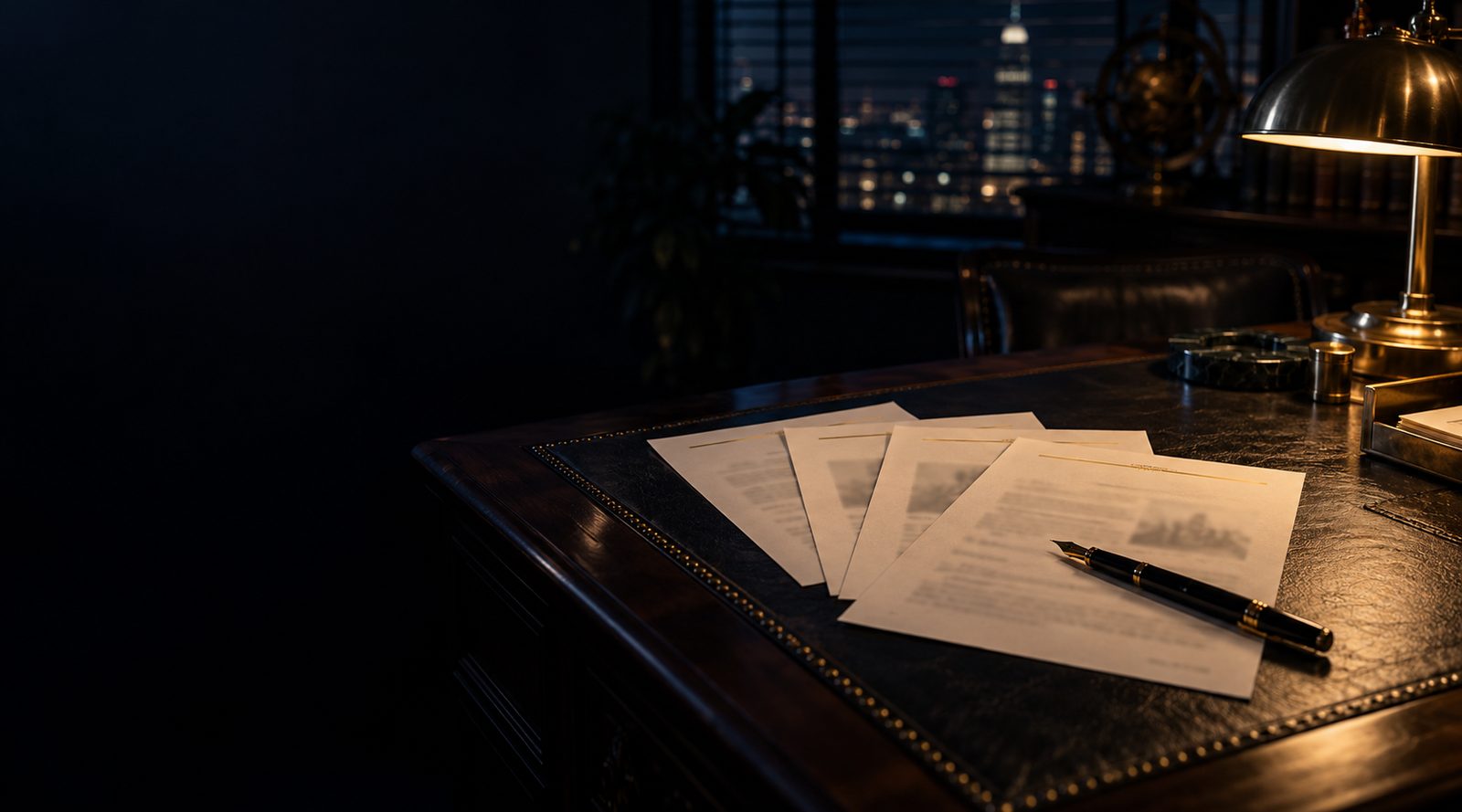 Four documents and a fountain pen on a leather desk, under a brass lamp